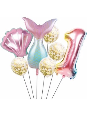 Parti Station Deniz Kızı Kuyruk Folyo Set Konsept Doğum Günü Set Yaş Balon Set