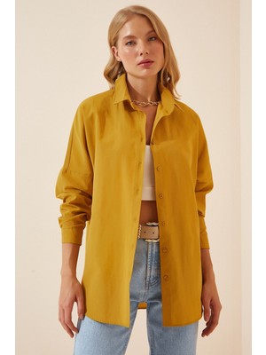 Hazelin Kadın Hardal Oversize Uzun Basic Gömlek  HZL22W-BD139001
