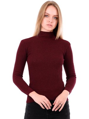 Hazelin Kadın Bordo Boğazlı Fitilli Triko Kazak HZL22W-H100011