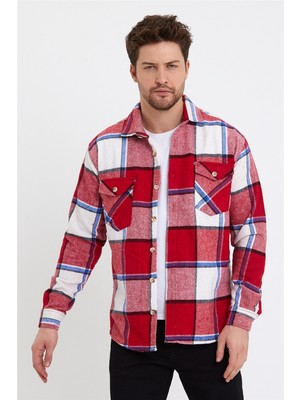 Cool Tarz Erkek Kırmızı-Indigo-Beyaz Çift Cep Kapaklı Slim Fit Oduncu GÖMLEK-ODG001R11004S