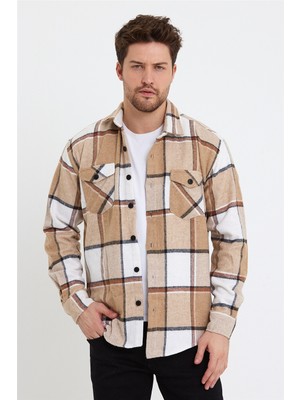 Cool Tarz Erkek Beyaz-Kahve-Krem Çift Cep Kapaklı Slim Fit Oduncu GÖMLEK-ODG001R11007S