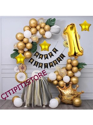 Çıtı Pıtı Store Kral Taçlı Gold Zincir Balon Doğum Günü Seti 1 Yaş