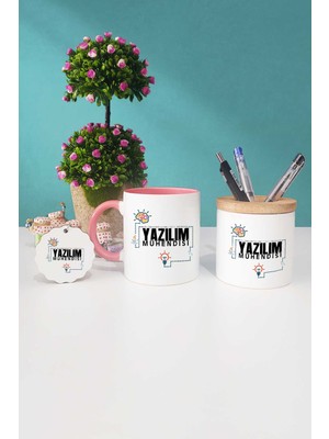 Hedizu Yazılım Mühendisi Pembe Kupa Bardak Kalemlik Anahtarlık