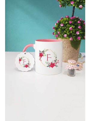 Hedizu Çiçekli F Harfli Pembe Kupa Bardak Anahtarlık