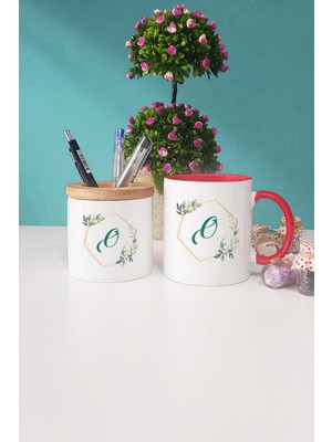 Hedizu Çiçekli O Harfli Kırmızı Kupa Bardak Kalemlik