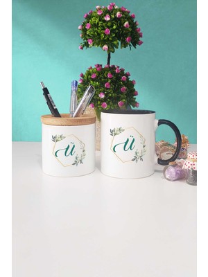 Hedizu Çiçek Ü Harfli Siyah Kupa Bardak Kalemlik