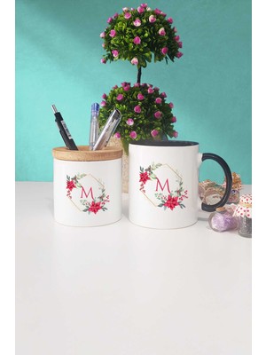 Hedizu Çiçekli M Harfli Siyah Kupa Bardak Kalemlik