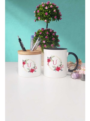 Hedizu Çiçekli U Harfli Siyah Kupa Bardak Kalemlik