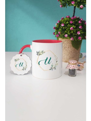 Hedizu Çiçekli U Harfli Kırmızı Kupa Bardak Anahtarlık