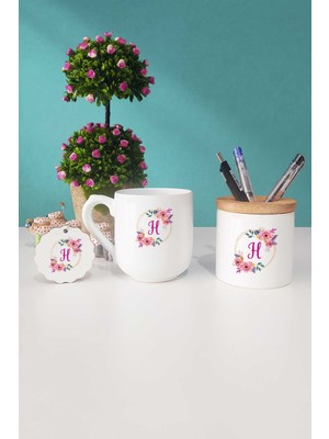 Hedizu Çiçekli H Harfli Oval Kupa Bardak Kalemlik Anahtarlık