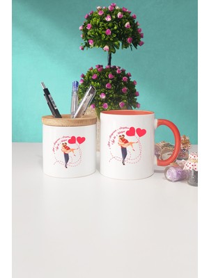 Hedizu Sevgiliye Hediye Turuncu Kupa Bardak Kalemlik