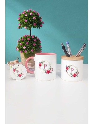 Hedizu Çiçekli P Harfli Pembe Kupa Bardak Kalemlik Anahtarlık