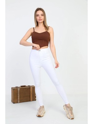 Twomeey Gabardin Kumaş Yüksek Bel Pantolon (Beyaz)