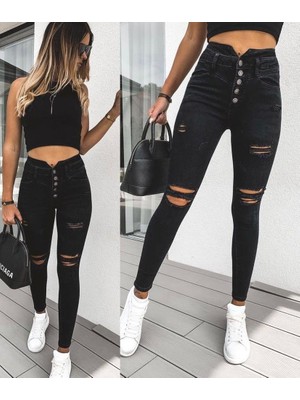 Twomeey Yüksek Bel 5 Düğme ve Yırtık Detaylı Kot Pantolon Jean