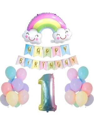 Bal10 Dünyası 1 Yaş Gülen Gökkuşağı Rakam Folyo Balon Set