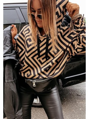 Twomeey Kadın Kapüşonlu Çizgi Desenli İki İplik Kumaş Sweat