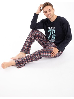 Over Pazar Erkek Baskılı Pijama Takımı Uzun Kollu 2170