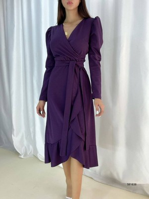 Twomeey Krep Kumaş Midi Boy Kuşaklı Uzun Kol Elbise (Mürdüm)