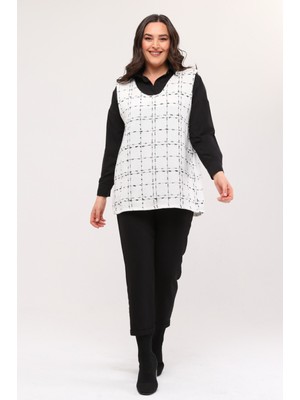 Cng Moda Kadın Büyük Beden Süveter V Yaka Noktalı Desen ile Trend Stil