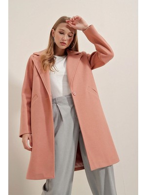 Hazelin Kadın Pembe Tek Düğmeli Çift Cepli Astarlı Şık Kaşe Kaban HZL23W-BD190851