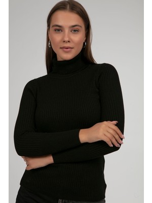 Hazelin Kadın Siyah  Boğazlı Fitilli Triko Balıkçı Yaka Kazak HZL22W-BD1445001