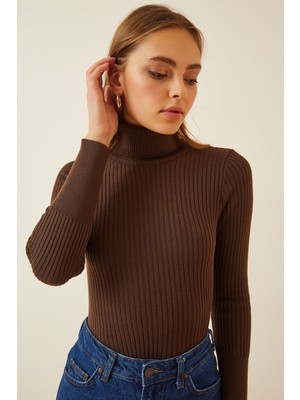 Hazelin Kadın Kahverengi Boğazlı Fitilli Triko Balıkçı Yaka Kazak HZL22W-BD1445001