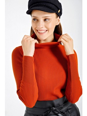 Hazelin Kadın Kiremit Boğazlı Fitilli Triko Balıkçı Yaka Kazak HZL22W-BD1445001