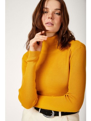 Hazelin Kadın Hardal  Boğazlı Fitilli Triko Balıkçı Yaka Kazak HZL22W-BD1445001