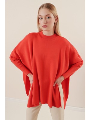 Hazelin Kadın Oranj Oversize Yırtmaçlı Panço Triko Kazak  HZL23W-BD1100761