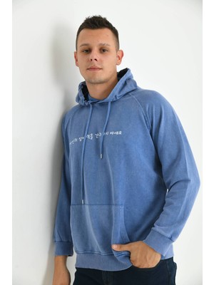 Moviment Erkek Mavi  Kapüşonlu Sırt Baskı Detaylı Yıkamalı Sweatshirt