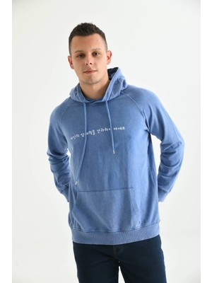 Moviment Erkek Mavi  Kapüşonlu Sırt Baskı Detaylı Yıkamalı Sweatshirt