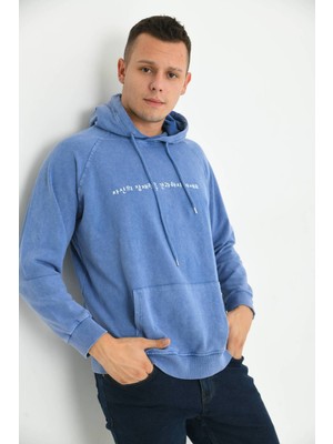 Moviment Erkek Mavi  Kapüşonlu Sırt Baskı Detaylı Yıkamalı Sweatshirt