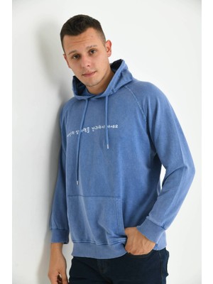 Moviment Erkek Mavi  Kapüşonlu Sırt Baskı Detaylı Yıkamalı Sweatshirt