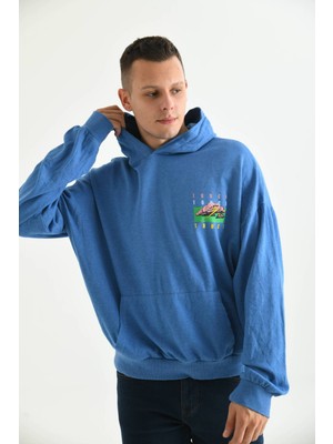 Moviment Erkek Mavi Oversize Kapüşonlu Sırt Baskılı Yıkamalı Sweatshirt