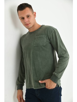 Moviment Erkek Haki Asit Yıkamalı Cep Detay Uzun Kolu T-Shirt