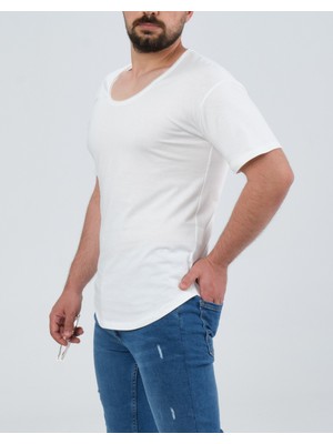 The One Erkek Beyaz Geniş Yaka %100 Pamuk Over Size T-Shirt