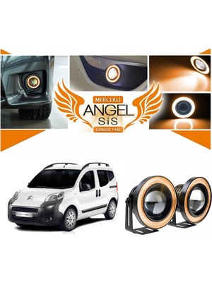 STS Oto Aksesuar Citroën Nemo Uyumlu, Universal Mercekli LED Angel Sis Farı, 76MM Turuncu Renk