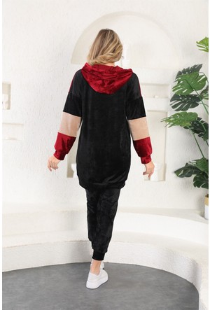 Newear Kırmızı Siyah Kapşonlu Kadın Eşofman Takımı Spor Giyim Bayan