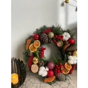 Eloza Floral Art Ithal Yapay Kokina, Gerçek Çam Kozalakları, Kuru Çiçek, Çan , Pamuk ve Yılbaşı Süsleri ile Tasarlanan Yılbaşı Kapı Süsü