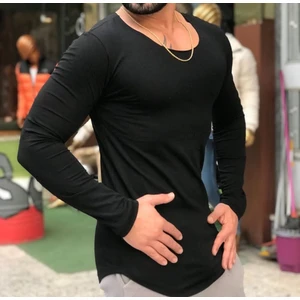 The One Siyah Erkek Basic Uzun Kol Kesik Yaka, Açık Yaka, Oval Kesim, %100 Pamuklu Slim T-Shirt