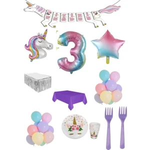 Rönesans Parti Unicorn Temalı Doğum Günü Parti Seti 3 Yaş