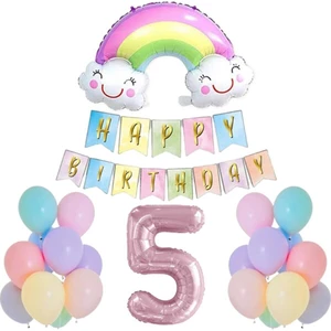 Best Parti 5 Yaş Gülen Gökkuşağı Pembe Rakam Folyo Balon Set
