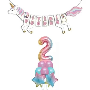 Rönesans Parti Unicorn Doğum Günü Seti Rakam Folyo Gökkuşağı 2 Yaş