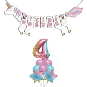 Rönesans Parti Unicorn Doğum Günü Seti Rakam Folyo Gökkuşağı 4 Yaş