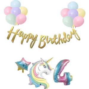 Rönesans Parti Unicorn Balonlu Kaligrafi Happy Bırthday 4 Yaş Balon Set