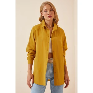 Kadın Hardal Oversize Uzun Basic Gömlek  HZL22W-BD139001