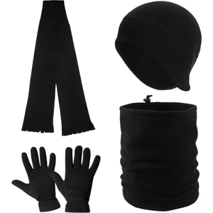 Axe Sportswear Erkek Siyah Kışlık Polar Eldiven - Polar Kulaklıklı Bere - Polar Atkı - Polar Boyunluk 4'lü Set