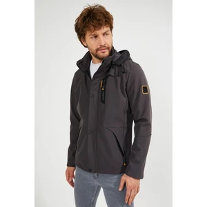 Erkek Antrasit Kapüşonlu Su ve Rüzgar Geçirmez Cep Detaylı Içi Kürklü Softshell Mont