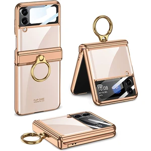 Galaxy Z Flip 4 Kılıf Kamera Lens Korumalı Yüzüklü Metal Görünümlü Katlanabilir Ringfold Case