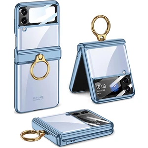 Galaxy Z Flip 4 Kılıf Kamera Lens Korumalı Yüzüklü Metal Görünümlü Katlanabilir Ringfold Case
